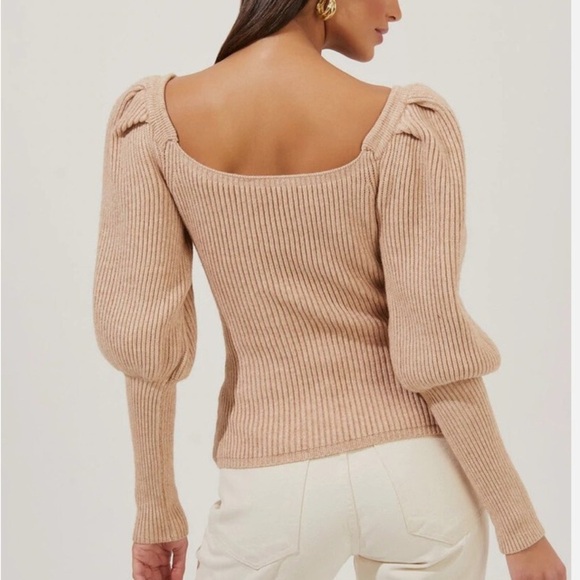 Astr Tan V-Neck Sweater with Puff Sleeves - Picture 3 of 8